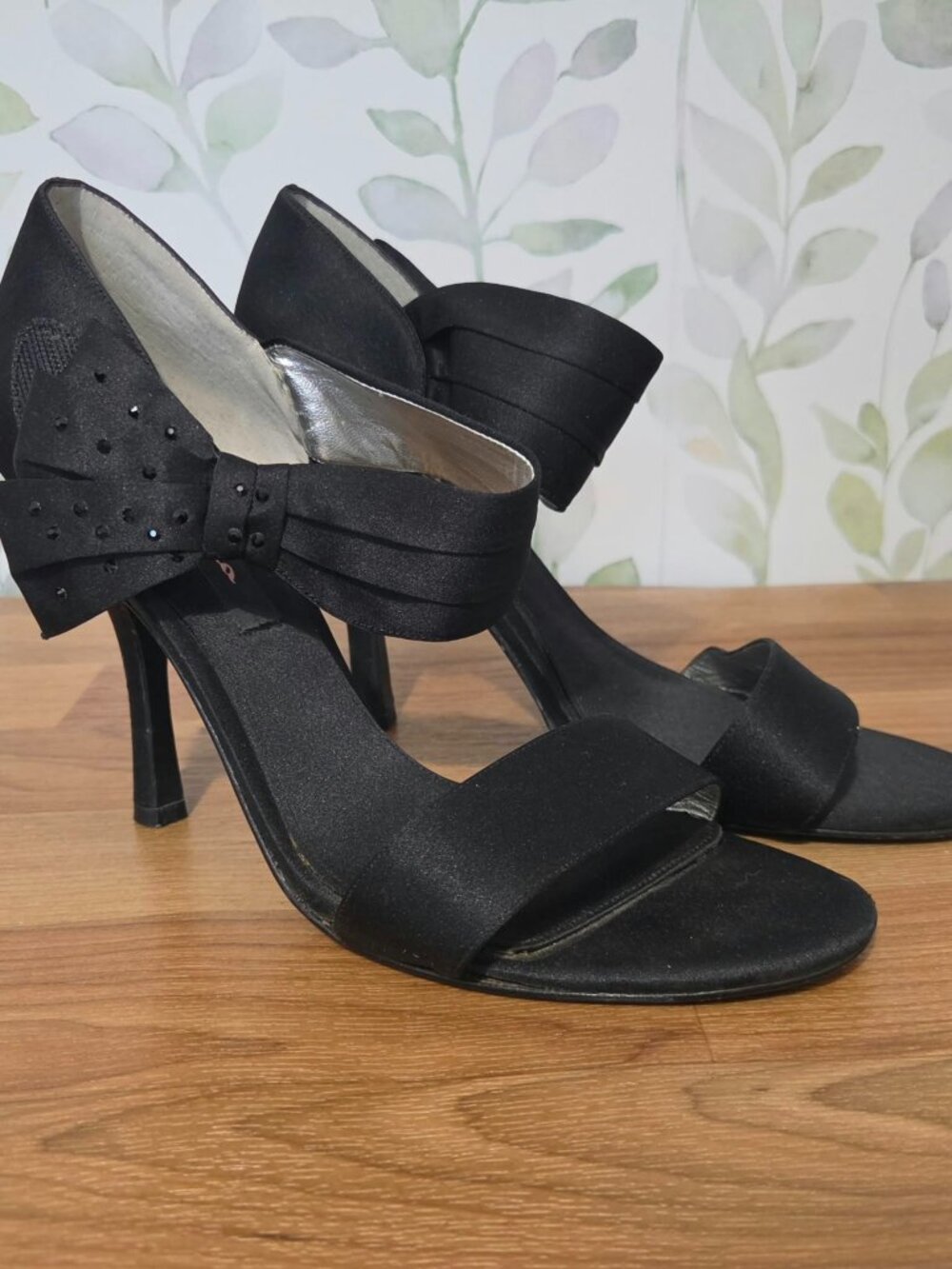 Nina New York Black Satin Bow Ankle Strap Heeled Sandals - Size 9.5 M